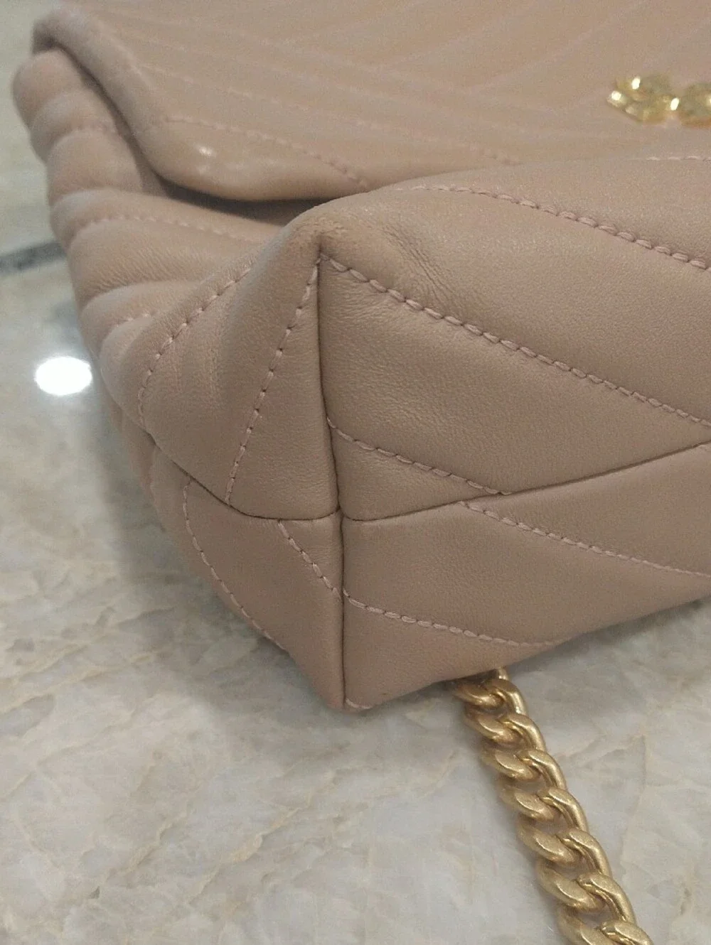Tory Burch Kira Chevron Leather Shoulder/CrossbdyBag Nude Blush Gold Chain